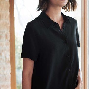 Quince Black Washable Stretch Silk Short Sleeve Blouse